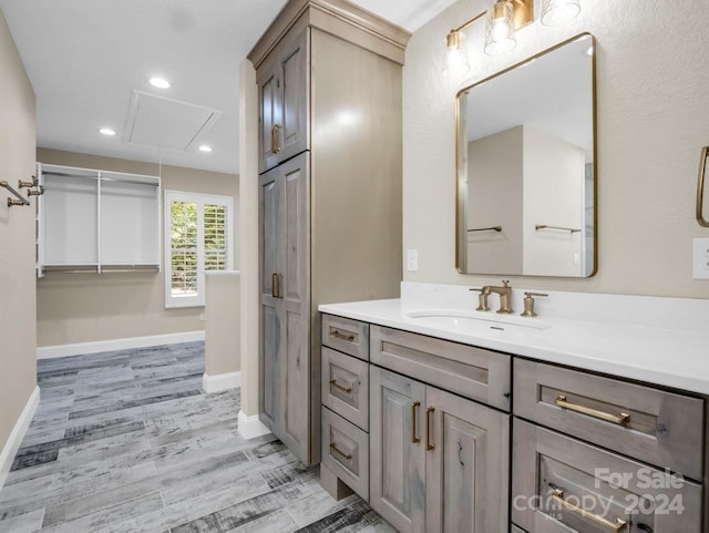 bathroom with hardwood / wood-style floors and vanity