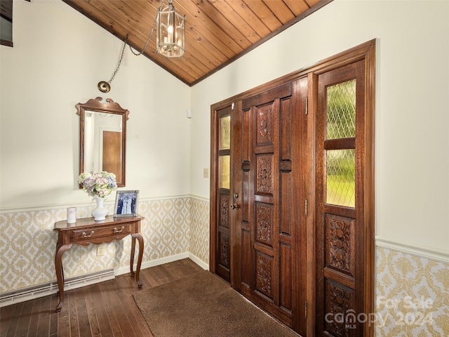 entryway featuring wood-type flooring, wood ceiling, and vaulted ceiling