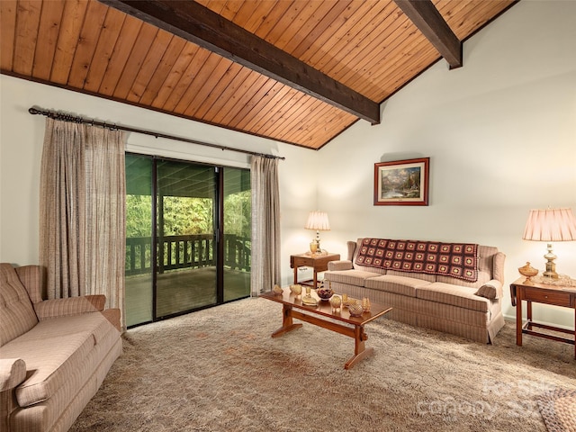 living room with carpet, wood ceiling, and lofted ceiling with beams