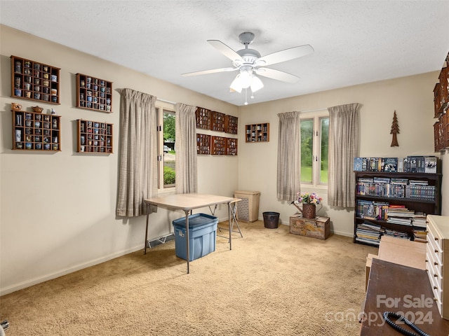 carpeted office space with ceiling fan, a healthy amount of sunlight, and a textured ceiling