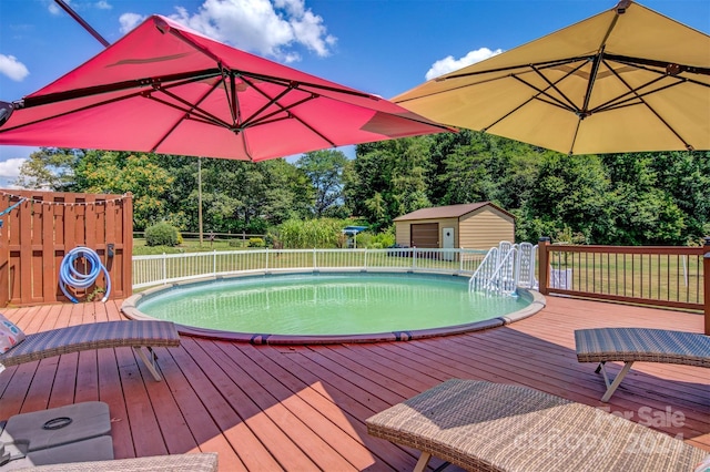 view of swimming pool with a wooden deck and a shed