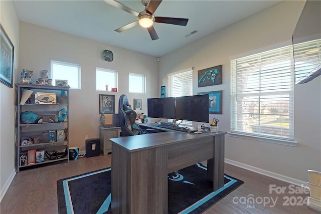 home office featuring ceiling fan and dark hardwood / wood-style flooring