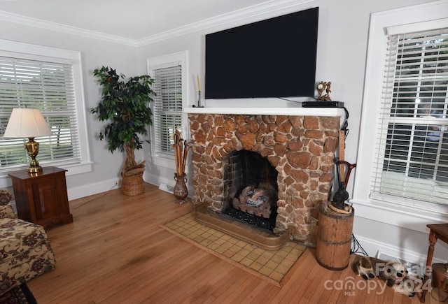 living room featuring wood-type flooring, a fireplace, and ornamental molding