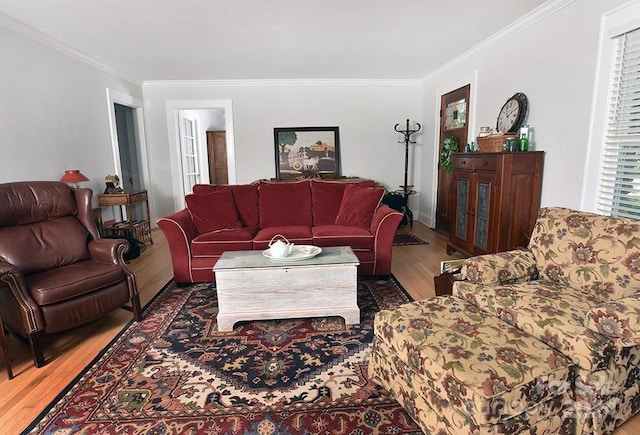 living room with wood-type flooring and ornamental molding