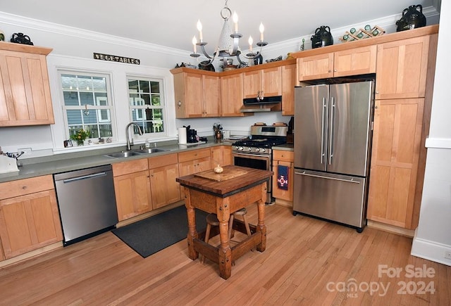 kitchen featuring appliances with stainless steel finishes, sink, ornamental molding, a chandelier, and light hardwood / wood-style flooring