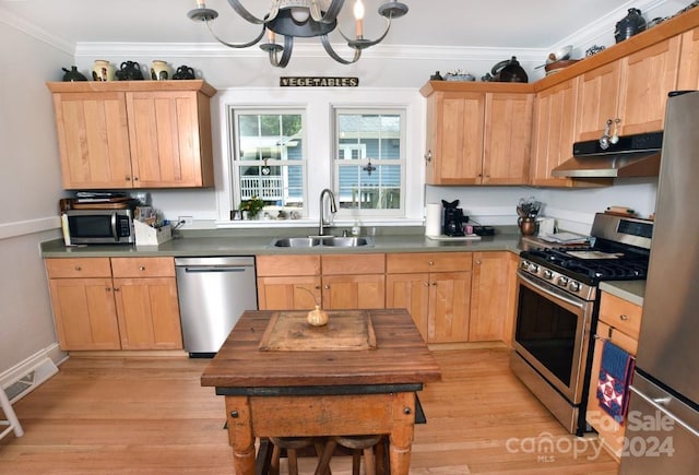 kitchen featuring stainless steel appliances, light hardwood / wood-style floors, sink, light brown cabinetry, and crown molding