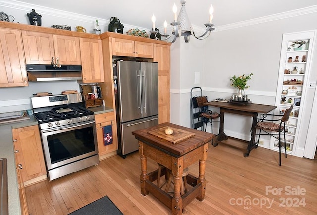 kitchen with appliances with stainless steel finishes, crown molding, light hardwood / wood-style flooring, and light brown cabinets