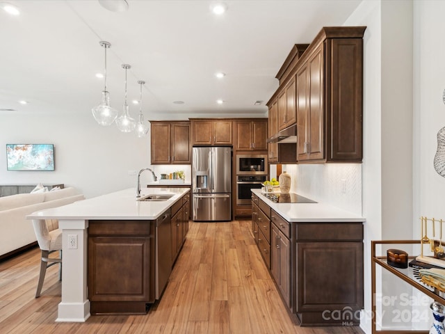 kitchen with light hardwood / wood-style floors, an island with sink, appliances with stainless steel finishes, pendant lighting, and sink