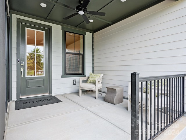 view of patio featuring ceiling fan