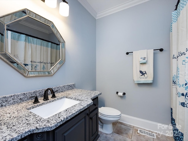 bathroom with ornamental molding, toilet, tile patterned flooring, and vanity