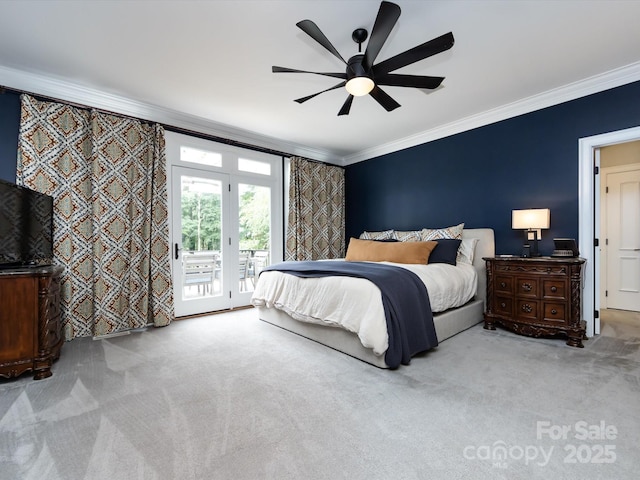 bedroom featuring crown molding, carpet flooring, access to exterior, and ceiling fan