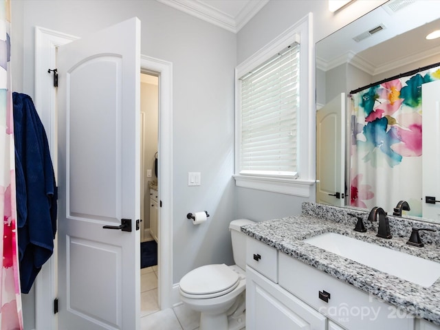 bathroom with tile patterned floors, toilet, a shower with curtain, ornamental molding, and vanity