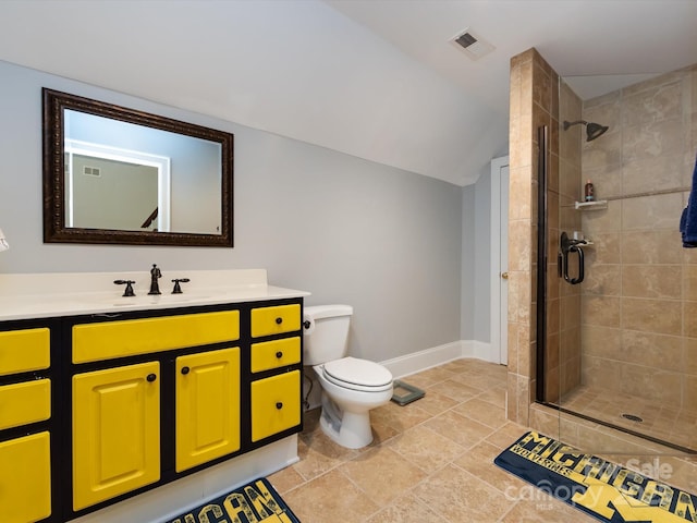 bathroom featuring walk in shower, vanity, toilet, and vaulted ceiling