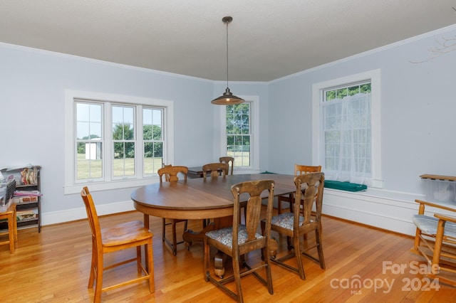 dining space with crown molding and light wood-type flooring