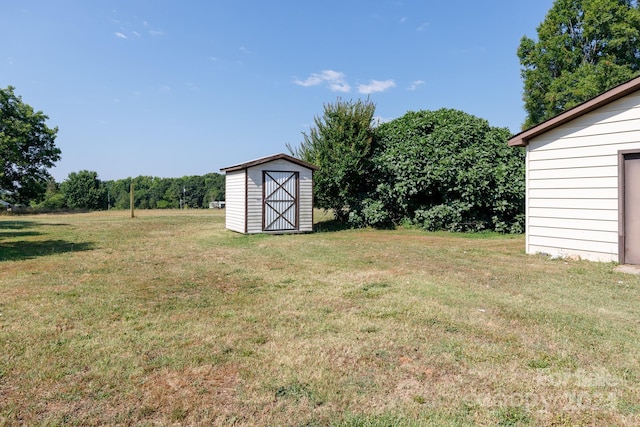 view of yard featuring a storage shed