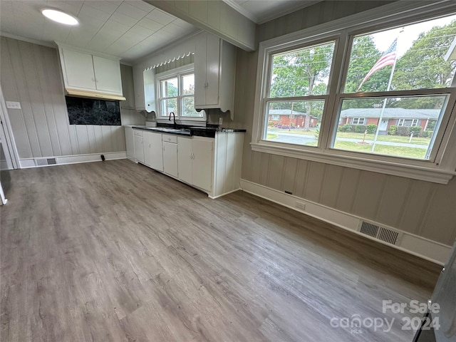 kitchen featuring light wood-type flooring, crown molding, sink, and white cabinets