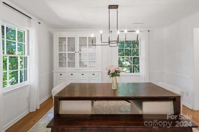 dining room featuring a notable chandelier, hardwood / wood-style flooring, and a wealth of natural light