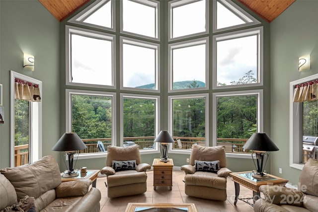 sunroom / solarium featuring lofted ceiling and wood ceiling