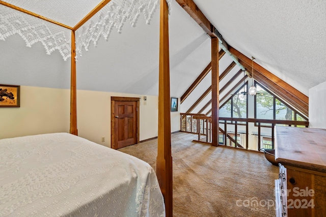 carpeted bedroom featuring vaulted ceiling, an inviting chandelier, and a textured ceiling