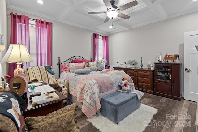 bedroom with dark hardwood / wood-style floors, ceiling fan, beam ceiling, and coffered ceiling