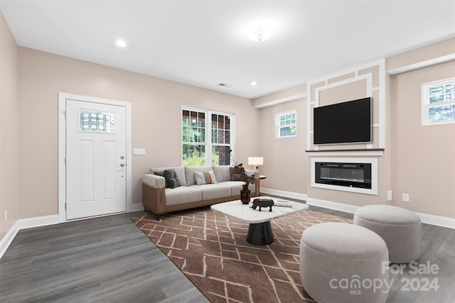 living room featuring dark wood-type flooring and a wealth of natural light