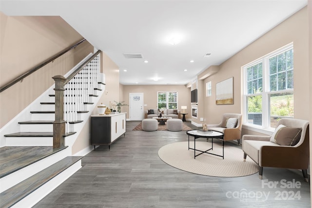 living room featuring a healthy amount of sunlight and hardwood / wood-style floors