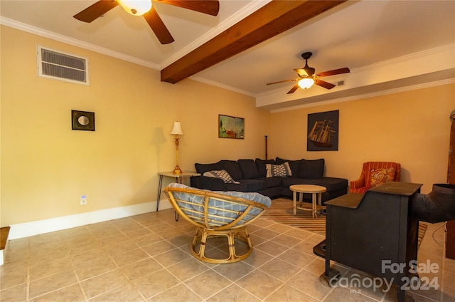 tiled living room with ceiling fan and crown molding