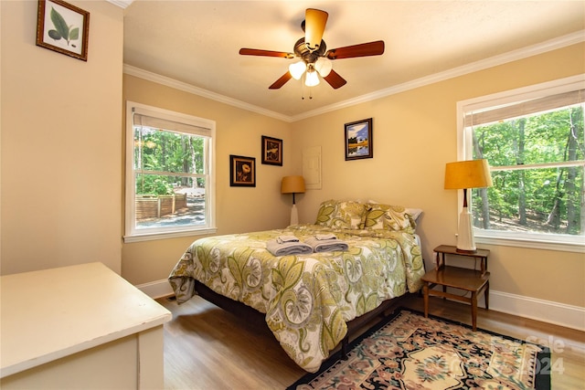 bedroom with ceiling fan, crown molding, multiple windows, and hardwood / wood-style flooring