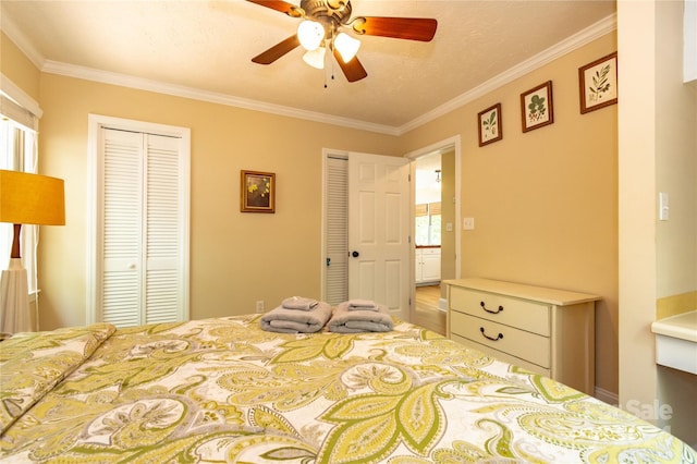 bedroom featuring ceiling fan, multiple windows, and crown molding