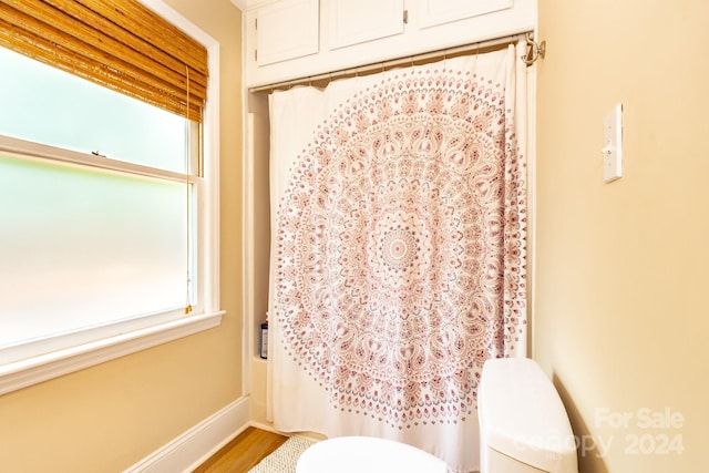 bathroom with toilet and wood-type flooring