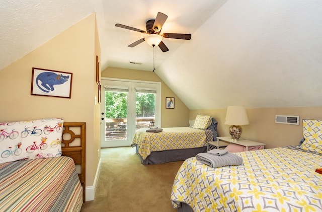 bedroom with ceiling fan, carpet, access to outside, lofted ceiling, and a textured ceiling