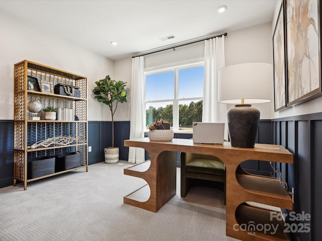 office space featuring recessed lighting, visible vents, wainscoting, and carpet floors