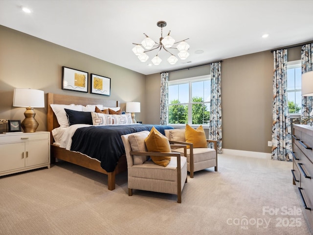 bedroom with light carpet, recessed lighting, baseboards, and a chandelier