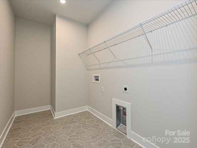 clothes washing area with baseboards, washer hookup, laundry area, recessed lighting, and electric dryer hookup