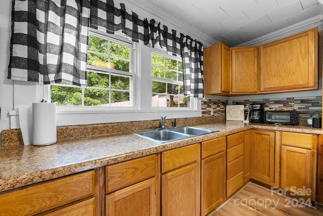 kitchen with crown molding, light hardwood / wood-style flooring, tasteful backsplash, and sink