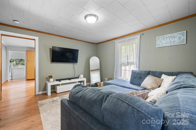 living room featuring ornamental molding and light hardwood / wood-style flooring