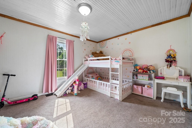 carpeted bedroom with crown molding