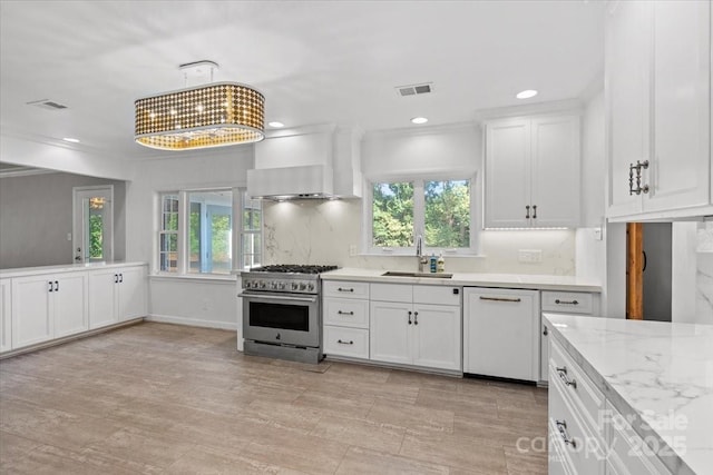 kitchen with sink, stainless steel stove, dishwasher, and white cabinets