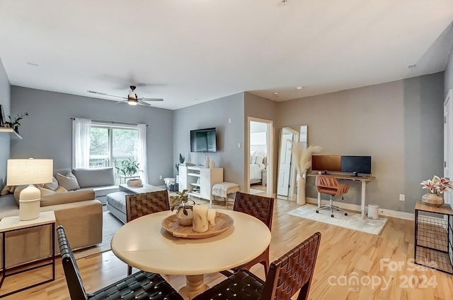 dining room with ceiling fan and light wood-type flooring