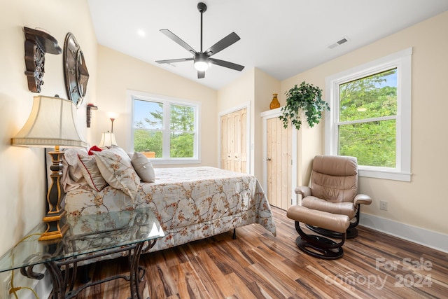 bedroom featuring lofted ceiling, ceiling fan, two closets, and wood-type flooring