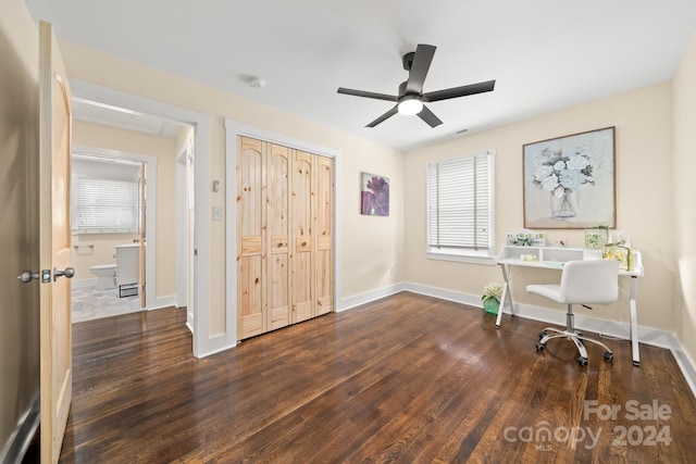 office space with ceiling fan and dark hardwood / wood-style flooring