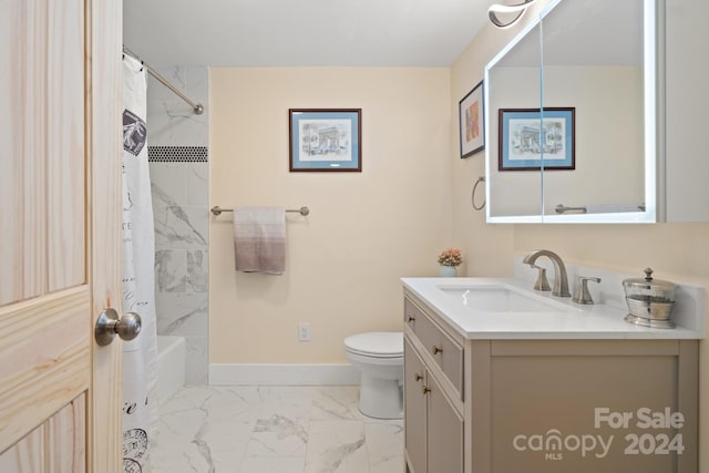 full bathroom with toilet, vanity, and shower / tub combo with curtain