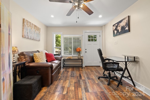 office space with ceiling fan and dark hardwood / wood-style floors