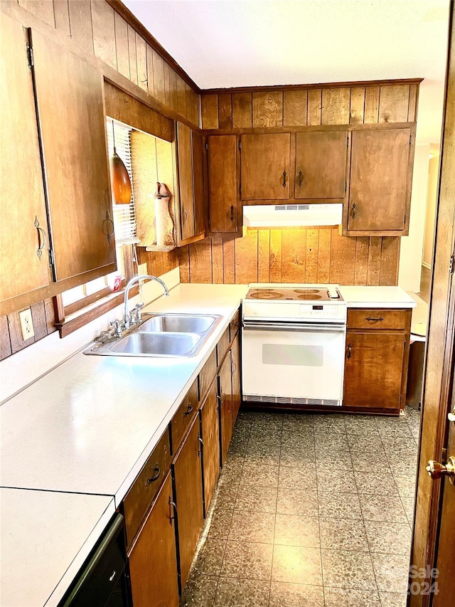 kitchen with white electric stove and sink