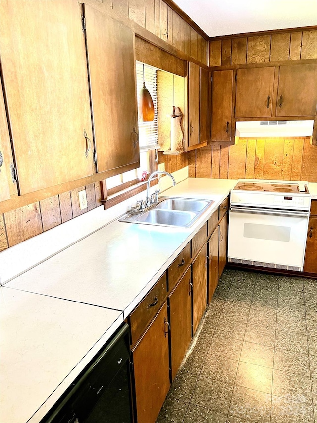 kitchen with hanging light fixtures, sink, white range with electric stovetop, and black dishwasher