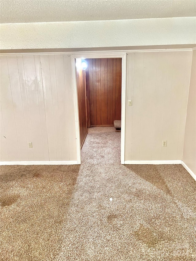 carpeted empty room with wooden walls