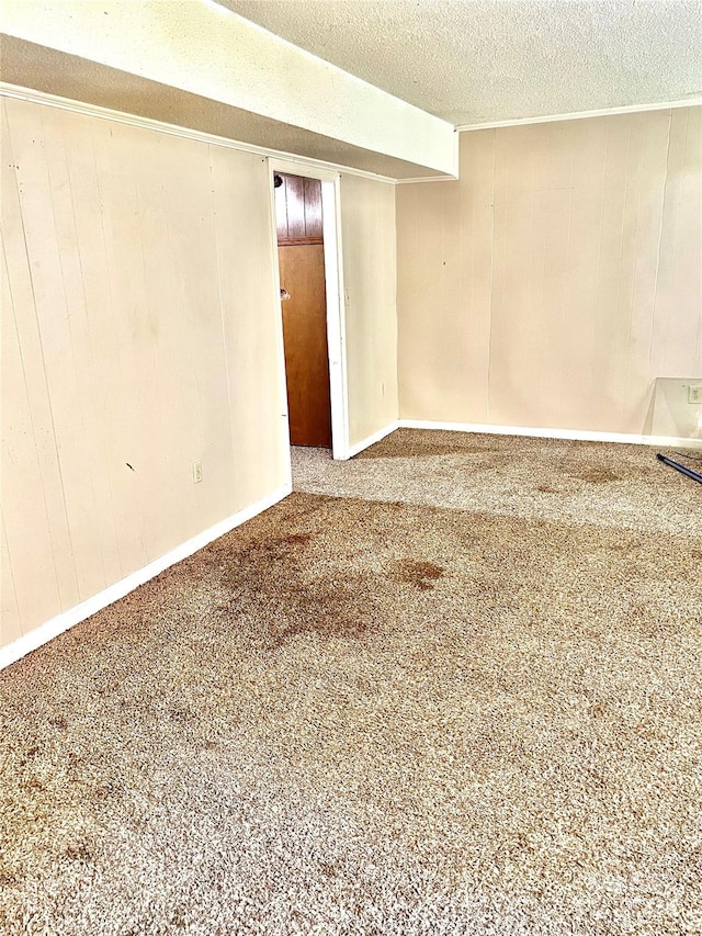 basement with a textured ceiling, carpet, and wooden walls