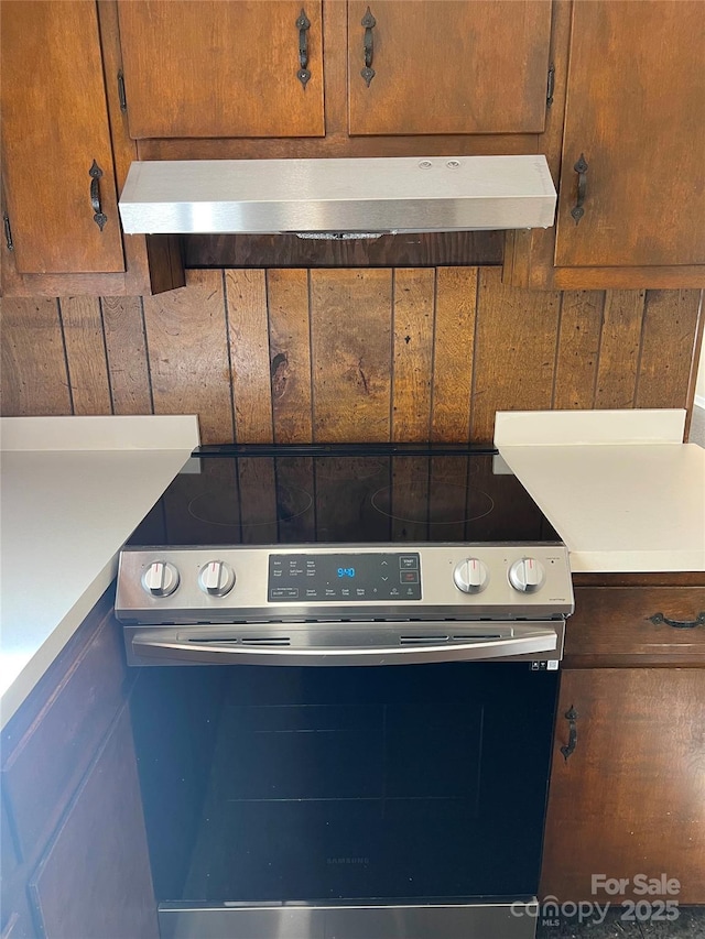 1111 S Skyland Dr, Mount Pleasant, NC 28124 - interior details featuring stainless steel electric range oven and under cabinet range hood