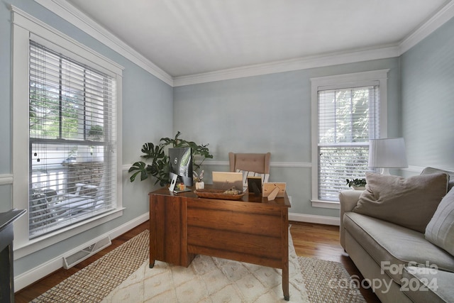 office with light hardwood / wood-style flooring and crown molding