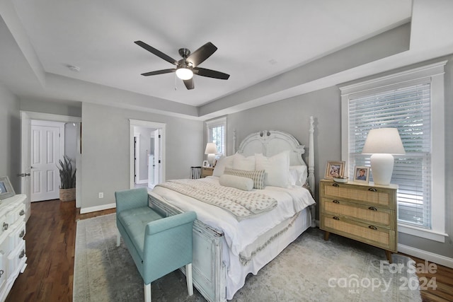 bedroom featuring a raised ceiling, ceiling fan, ensuite bathroom, and wood-type flooring